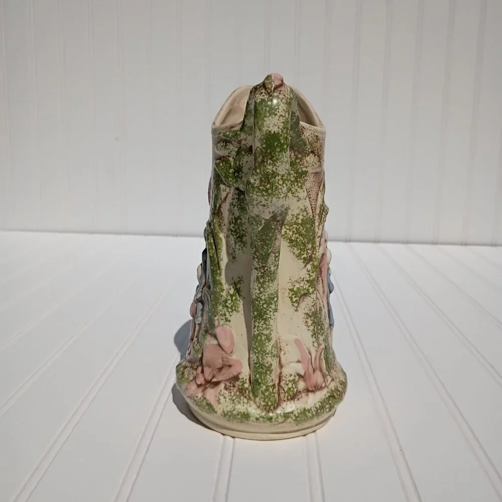 Vintage Handmade Pitcher Floral Relief Green Pink Majolica Style Victorian Vase